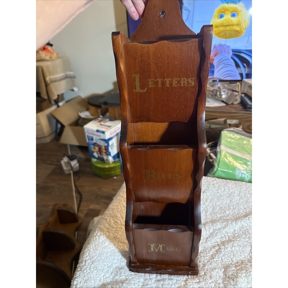 Vintage MCM 3 Tier Wood Wall Mount Letters Bill's Misc Holder Organizer Granny